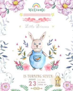 Çizgi film Bunny 'nin doğum günü kartı çok tatlıymış. Suluboya tavşan klipsi ve güzel boho pembe çiçekler, çiçek. Beyaz arka planda Mutlu Paskalyalar için lamba ışığı ve yaprak