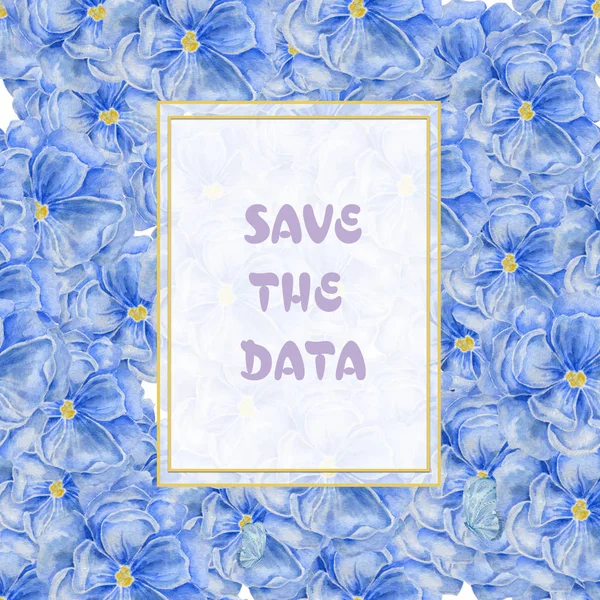 Cadru orizontal de aur alb cu fundal de flori albastre. Acuarelă design floral pentru produse cosmetice, parfumuri, produse de îngrijire a frumuseții. Pentru felicitări, invitație la nuntă — Fotografie, imagine de stoc