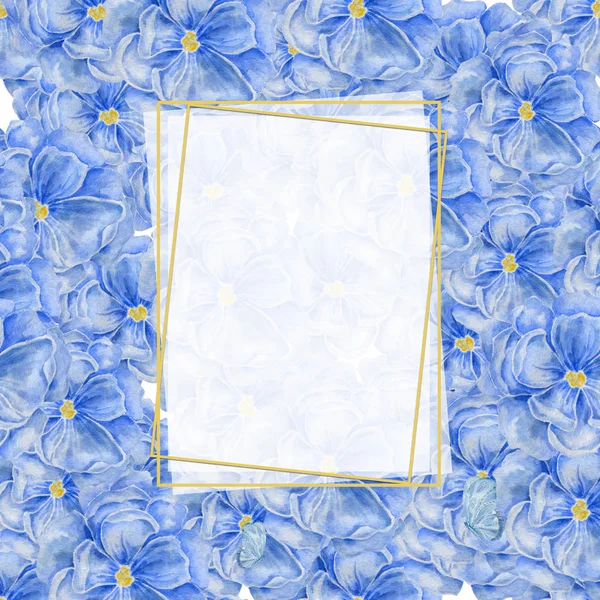 Horisontella vita polygonal guld ram med på blå blommor bakgrund. Akvarell blommönster för kosmetika, parfym, skönhet hygienprodukter. För gratulationskort, bröllop inbjudan — Stockfoto