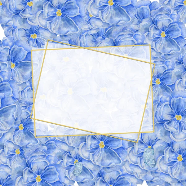 Cadre vertical polygonal en or blanc sur fond de fleurs bleues. Aquarelle design floral pour cosmétiques, parfums, produits de soins de beauté. Pour carte de vœux, invitation de mariage — Photo