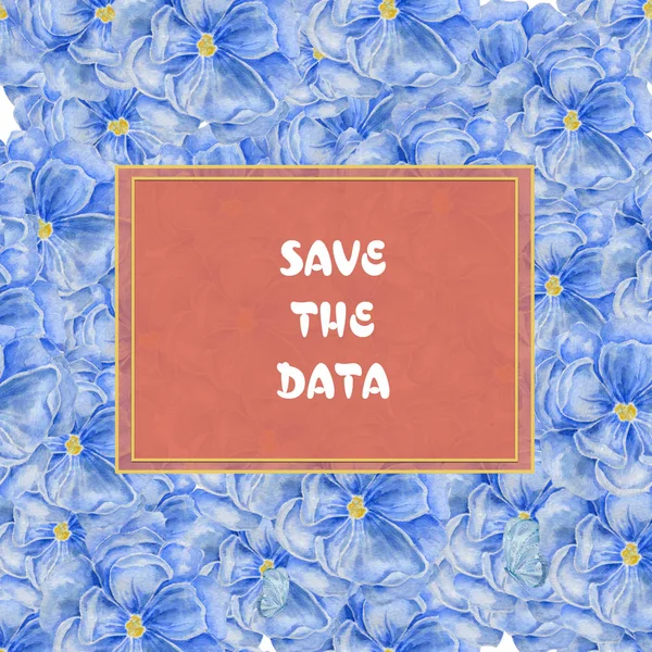 Vertikal lebenden Korallen Goldrahmen mit auf blauem Blumen Hintergrund. Aquarell florales Design für Kosmetik, Parfüm, Schönheitspflegeprodukte. für Grußkarte, Hochzeitseinladung — Stockfoto