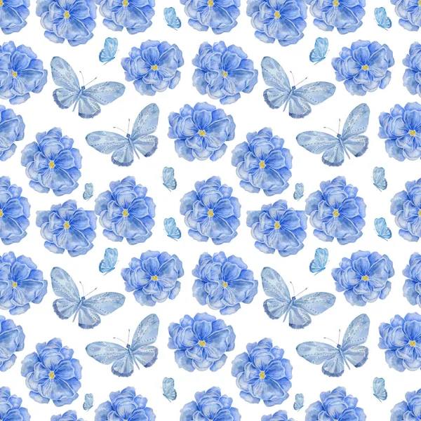 Niebieski akwarela dwa motyle i kwiaty w kolorach pastelowych. Na tle romantycznych letnich. Akwarela, kwiatowy wzór na kosmetyki, perfumy, produkty do pielęgnacji urody. Dla karty z pozdrowieniami, zaproszenie ślubne — Zdjęcie stockowe
