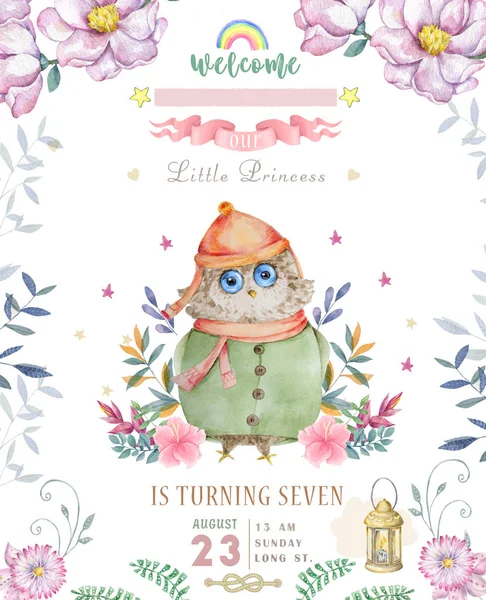 Watercolor cute Cartoon Owl. Cute baby greeting card. Boho flowers and floral bouquets Happy Birthday set. Watercolor greeting baby clip art on white background.