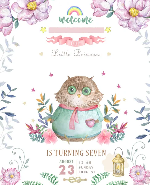 Acquerello carino Cartoon Owl. Carino biglietto di auguri per il bambino. Boho fiori e mazzi di fiori Buon compleanno set. Acquerello saluto baby clip art su sfondo bianco . — Foto Stock