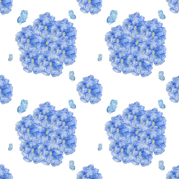 Πεταλούδες και λουλούδια μοτίβο μπλε ακουαρέλα δύο. Ρομαντικό καλοκαίρι φόντο. Ακουαρέλα floral σχέδιο για καλλυντικά, αρώματα, προϊόντα ομορφιάς. Για Ευχετήρια κάρτα, προσκλητήριο γάμου — Φωτογραφία Αρχείου