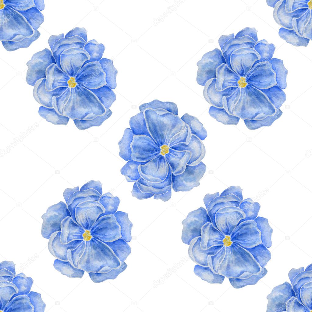 Cute watercolor bleu flowers pattern on white background. Elegant template for fashion prints.