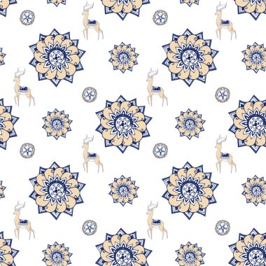 Fraktal mavi çiçekler ve geyik. Zarif bir parlak örnek çiçekli. Hindistan tarzı. Desen tasarım kumaş, duvar kağıtları için. Beyaz arka plan üzerinde.