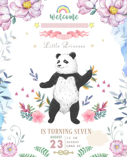 Doğum günü kartı tasarım sevimli panda ayısı ve boho çiçek ve çiçek buketleri illüstrasyon. Sulu boya küçük resim için tebrik kartı. — Stok fotoğraf