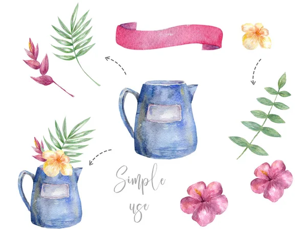 Aquarela de rega azul pode projetar conjunto clipe arte desenho penas flores florais ilustração no fundo branco — Fotografia de Stock