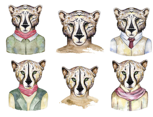 Hand drawn portrait of cute tiger girl and boy set cat in clothing. Watercolor illustration isolated on white