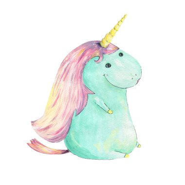 Tek boynuzlu at sulu boya guaj pembe komik tek boynuzlu at güzel hayvan midilli beyaz arka plan üzerinde sihirli unicorn illüstrasyon fantezi boynuz geometrik çizim küçük at küçük resim