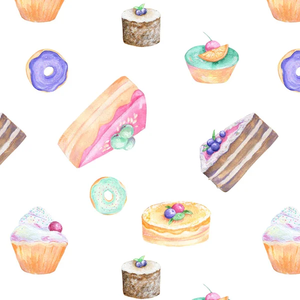 Cake piece watercolor flour food gouache pattern drawing illustration brown cottage cheese coffe deseret blueberries geometric pink pastry tasty pie cranberry sugar glaze on white background — Stock Photo, Image
