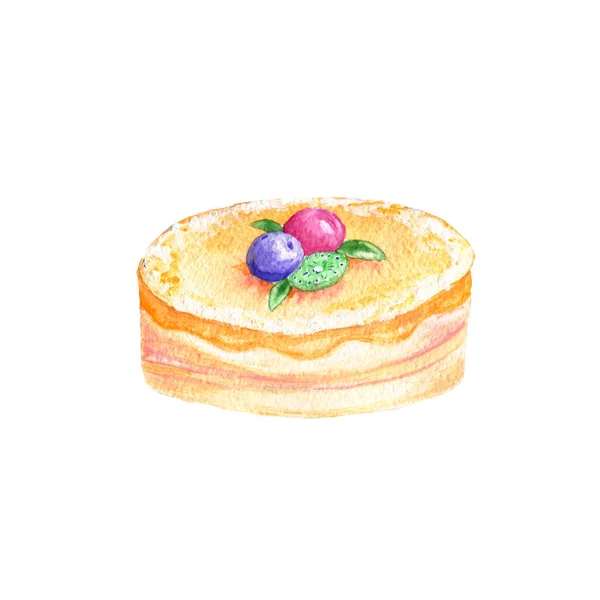 Torta darab akvarell Liszt élelmiszer gouache ClipArt ábra túrós kávé deseret áfonya geometriai sárga tészta finom pite áfonya támaszkodva fehér háttér — Stock Fotó