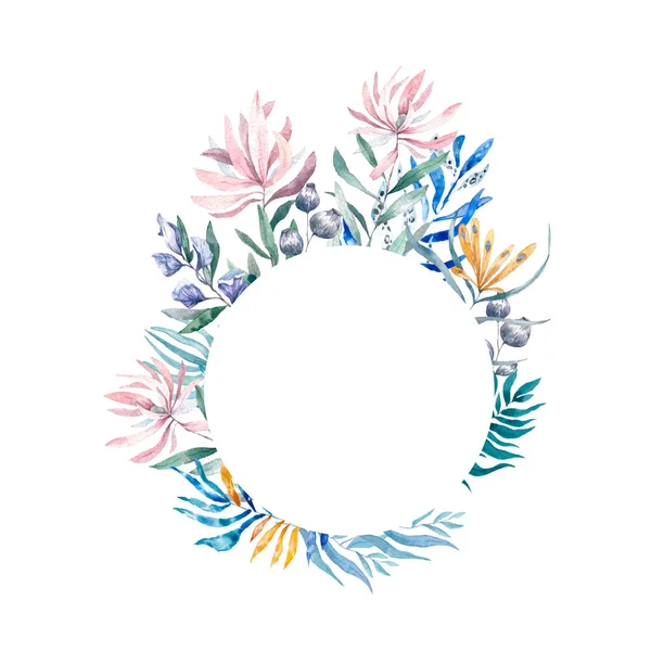 Aquarell exotischen Kreis Rahmen mit tropischen Blättern, Blumen und Tukan für Hochzeit, einladen, Geburtstagskarte. isoliert illustrieren Sommerfarben auf weißem Hintergrund — Stockfoto