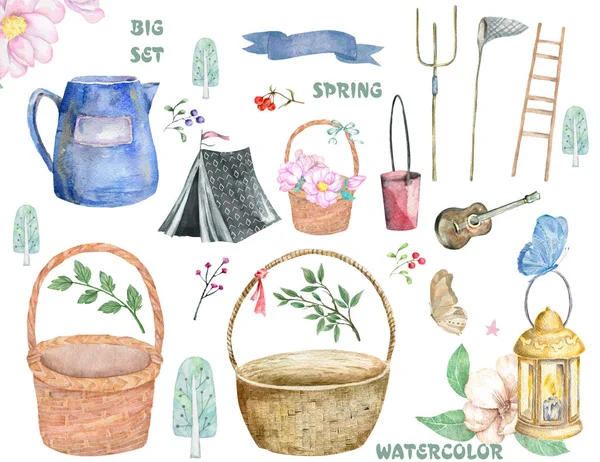 Akvarell sping készlet fa kosár- és kerti szerszámok. Aranyos illusztrációja, elszigetelt fehér background — Stock Fotó