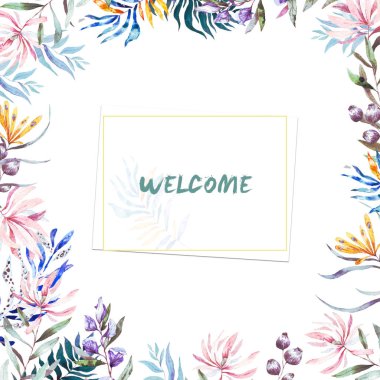 Retro tarzı tropikal egzotik altın çerçeveli suluboya yaprakları, çiçekleri ve toucan düğün, davet, doğum günü kartı için. İzole illustrarion yaz renkleri, beyaz arka plan üzerinde tasarım dikey çerçeve