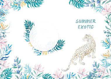 Suluboya egzotik daire çerçeve ile geriye dönük olarak tropikal yapraklar, çiçekler ve leopard düğün, davet, doğum günü kartı, afiş için. İzole illustrarion yaz renkleri beyaz arka plan üzerinde