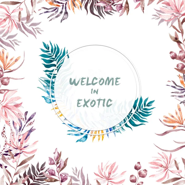 Aquarelle cadre cercle exotique avec des feuilles tropicales de style colral vivant, fleurs et toucan pour mariage, invitation, carte d'anniversaire. Illustrarion isolée couleurs d'été sur fond blanc — Photo