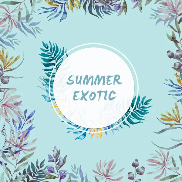 Sulu Boya egzotik daire kare vintage tropikal ile yaprakları, çiçekleri ve toucan düğün, davet, doğum günü kartı için. İllustrarion yaz renkleri mavi zemin üzerine izole. Retrospektif