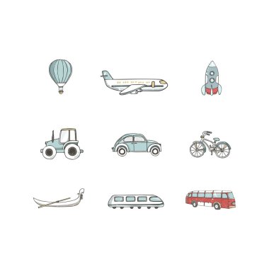 Transport 8 icons. Trasportation Vintage Flat color Concept. Airplane, car, bike. Hand drawn illustration, grunge style texture clip art on white background clipart