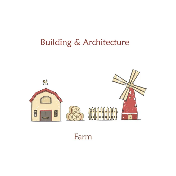Illustrazione vettoriale di colorata vita da fattoria con fienile su sfondo bianco. Paesaggio del villaggio vintage. Disegno piatto disegnato a mano di campagna per l'agricoltura web, app agricola — Vettoriale Stock