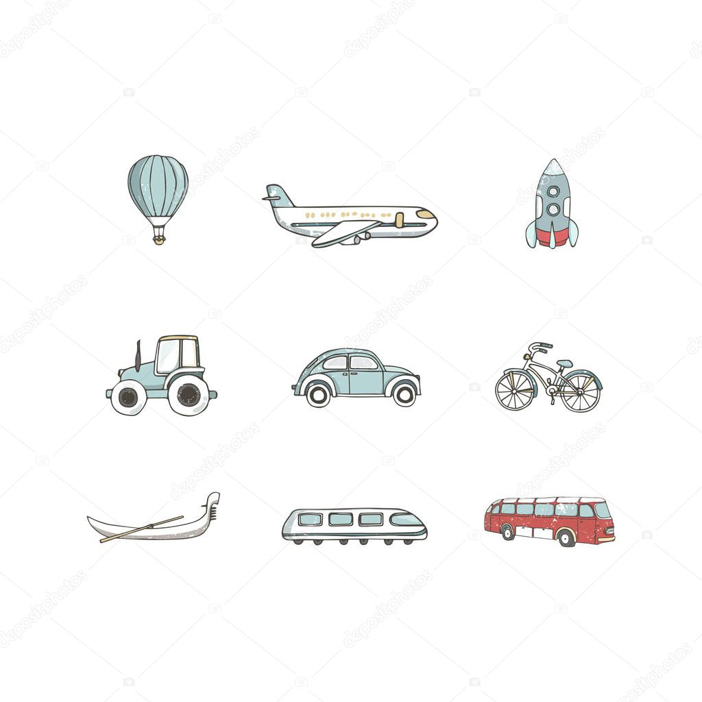 Transport 8 icons. Trasportation Vintage Flat color Concept. Airplane, car, bike. Hand drawn illustration, grunge style texture clip art on white background