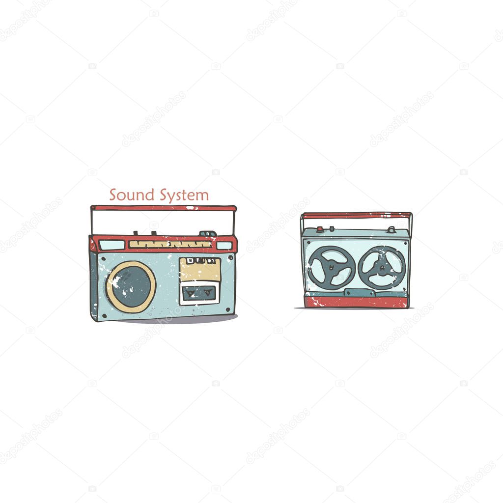 Vintage audio players. Music record. Cartoon in retro style with grunge textures and rust effect. Hand drawn clip art.