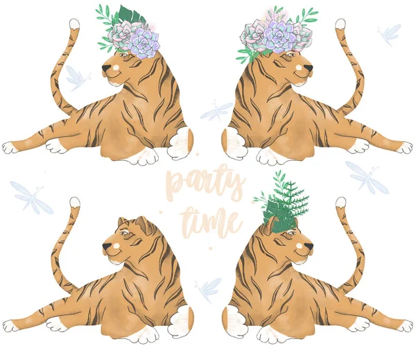 Watercolor tiger digital clip art cute animal and flowers on head. Party Time text. Greeting Celebration Birthday Card Funny african wildlife Kid style summer Bounquet on white background