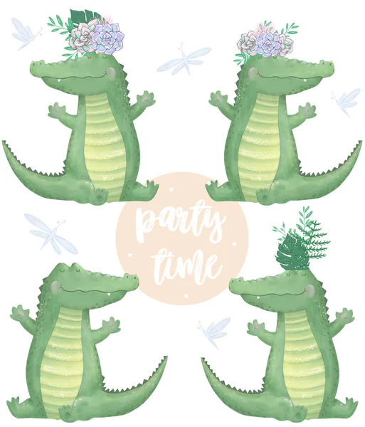 Aquarela crocodilo clipe digital arte bonito animal e flores. Texto da Hora da Festa. Saudação Celebração Aniversário Cartão Engraçado Africano vida selvagem Kid estilo Bounquet no fundo branco — Fotografia de Stock