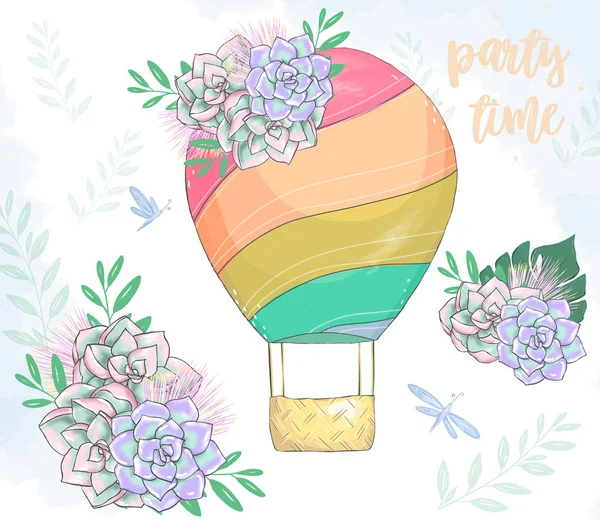 Balon digitální klip umění květiny kreslení obrázek barevný létající balón s košík barevný element pozdrav oslavu a Happy Birthday kartu Bounquet na bílé backgroundon — Stock fotografie