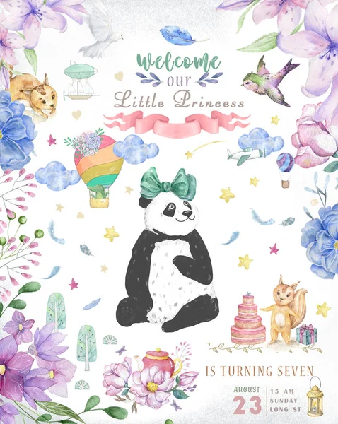 Feliz cumpleaños diseño de la tarjeta con lindo oso panda y flores boho y ramos de flores ilustración. Pinza de acuarela para tarjeta de felicitación. Invita a Poscard, animal de belleza. Texto para la celebración —  Fotos de Stock