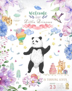 Doğum günü kartı tasarım sevimli panda ayısı ve boho çiçek ve çiçek buketleri illüstrasyon. Sulu boya küçük resim tebrik kartı için. Poscard, güzellik hayvan davet ediyoruz. Kutlama için metin