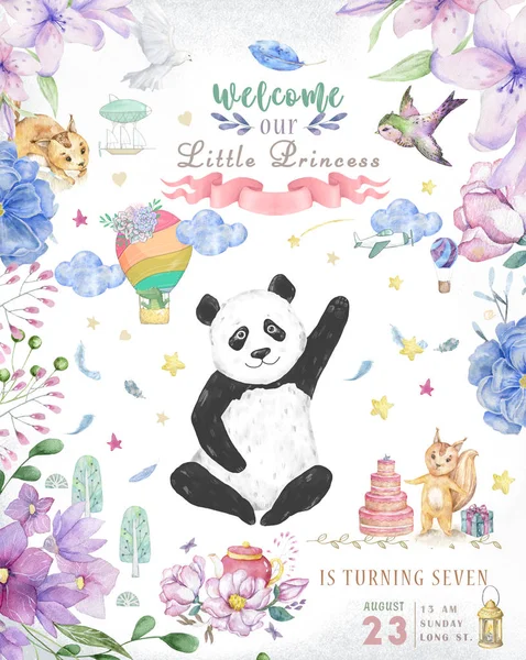 Doğum günü kartı tasarım sevimli panda ayısı ve boho çiçek ve çiçek buketleri illüstrasyon. Sulu boya küçük resim tebrik kartı için. Poscard, güzellik hayvan davet ediyoruz. Kutlama için metin — Stok fotoğraf