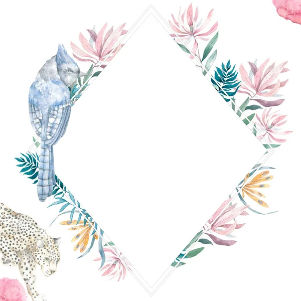 Hochzeitseinladung, florale Einladungskarte, rosa Blumen und grüne Blätter geometrisch. Rautenrechteckrahmen. weißer quadratischer Hintergrund. Leoparden-Aquarelltiere. Grußkarte, Tropenset vorhanden. Lebende Korallen — Stockfoto