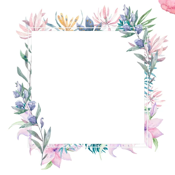 Bröllop inbjudan, blad blommig inbjuda kort, rosa blommor och gröna geometriska. Rhombus rektangel ram. Vit kvadrat bakgrund. akvarell. Gratulationskort, tropiska set. Levande koraller — Stockfoto