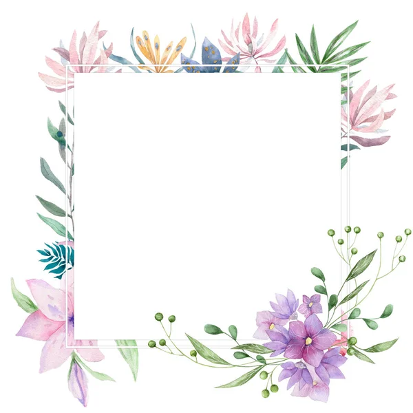 Bröllop inbjudan, blad blommig inbjuda kort, rosa blommor och gröna geometriska. Rhombus rektangel ram. Vit kvadrat bakgrund. akvarell. Gratulationskort, tropiska set. Levande koraller — Stockfoto