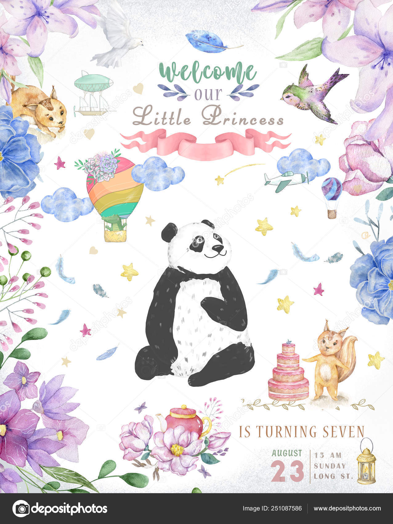 Joyeux Anniversaire Conception De Carte Avec Ours Panda Mignon Et Fleurs Boho Et Illustration De Bouquets