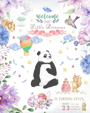 Doğum günü kartı tasarım sevimli panda ayısı ve boho çiçek ve çiçek buketleri illüstrasyon. Sulu boya küçük resim tebrik kartı için. Poscard, güzellik hayvan davet ediyoruz. Kutlama için metin