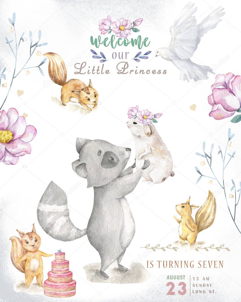 Cute watercolor bohemian baby cartoon roccoon and squirrel animal for kindergarten, woodland deer, fox and owl nursery isolated forest illustration for children. Forest animals.