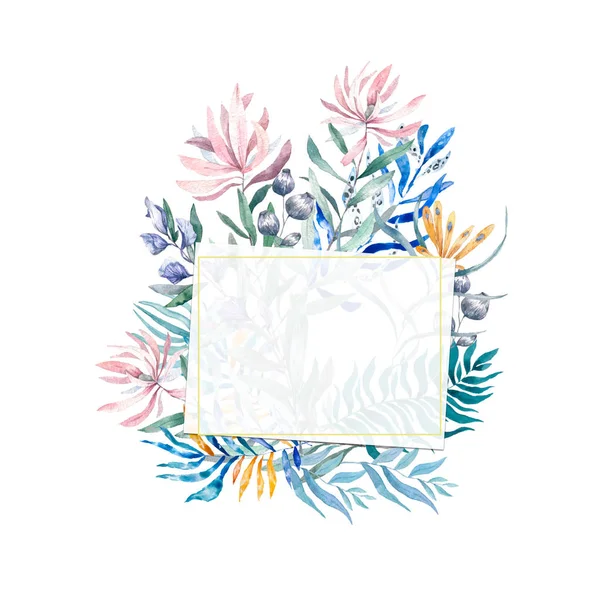 Akvarelu exotické čtvercový rámec s tropické listy, květy a Tukan svatba, pozvánky, přání k narozeninám. Izolované illustrarion letní barvy, design vertikální rám na bílém pozadí — Stock fotografie