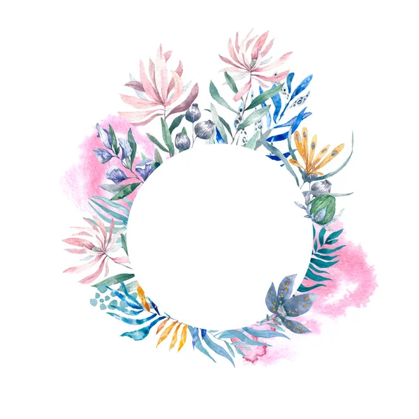 Aquarell exotischen Kreis Rahmen mit tropischen Blättern, Blumen und Tukan für Hochzeit, einladen, Geburtstagskarte. isoliert illustrieren Sommerfarben auf weißem Hintergrund — Stockfoto