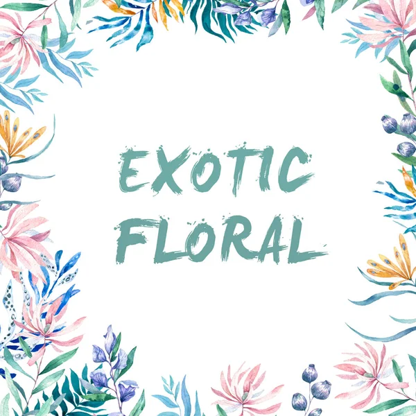 Ακουαρέλα εξωτικά κορνίζα με τροπικά φύλλα, λουλούδια και toucan για γάμο, πρόσκληση, κάρτα γενεθλίων. Απομονωμένες illustrarion καλοκαιρινά χρώματα, Σχεδίαση κατακόρυφου πλαισίου σε λευκό φόντο — Φωτογραφία Αρχείου