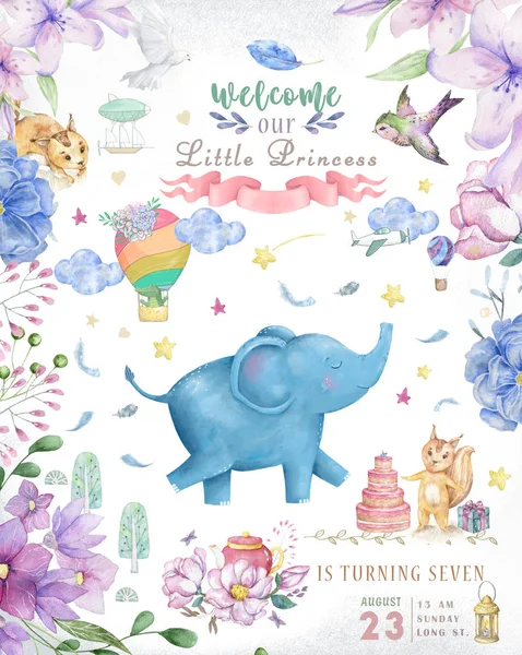 Happy birthday card with cute Elephant Watercolor animal. Cute baby greeting card. Boho flowers and floral bouquets Happy Birthday set. Watercolor greeting baby clip art on white background.