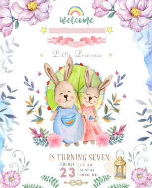 Çizgi film Bunny 'nin doğum günü kartı çok tatlıymış. Suluboya tavşan klipsi ve güzel boho pembe çiçekler, çiçek. Beyaz arka planda Mutlu Paskalyalar için lamba ışığı ve yaprak