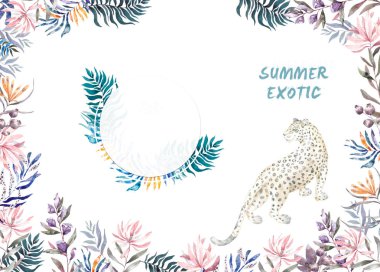 Suluboya egzotik daire çerçeve ile mor tropikal yapraklar, çiçekler ve leopard düğün, davet, doğum günü kartı, afiş için. İzole illustrarion yaz renkleri beyaz arka plan üzerinde