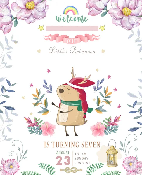 Cute happy birthday card with cartoon Deer. Watercolor fairy clip art and beauty boho pink flowers, floral. lamp light and leaf for greeting card on white background.