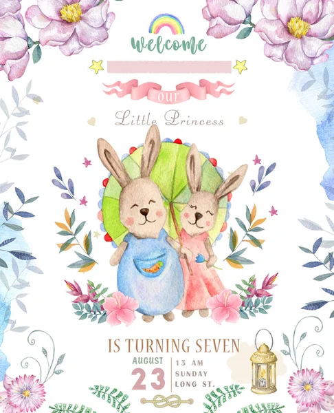 Carino biglietto di auguri con cartone animato Bunny. Clip di coniglio acquerello arte e bellezza boho fiori rosa, floreale. lampada luce e foglia per Buona Pasqua su sfondo bianco — Foto Stock