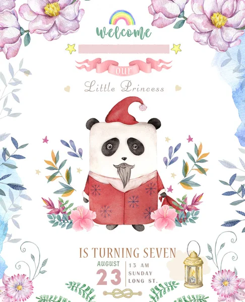 可爱的快乐生日卡与卡通熊猫。水彩熊猫剪贴画和美丽的波霍粉红色的花朵, 花卉。灯灯和叶子为贺卡在白色背景 — 图库照片
