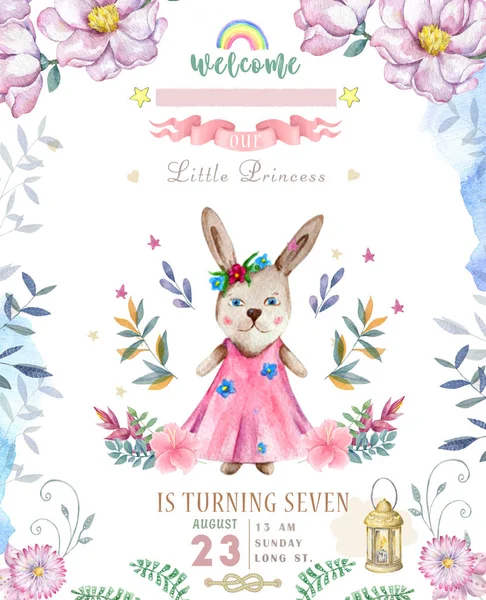 Çizgi film Bunny 'nin doğum günü kartı çok tatlıymış. Suluboya tavşan klipsi ve güzel boho pembe çiçekler, çiçek. Beyaz arka planda Mutlu Paskalyalar için lamba ışığı ve yaprak — Stok fotoğraf