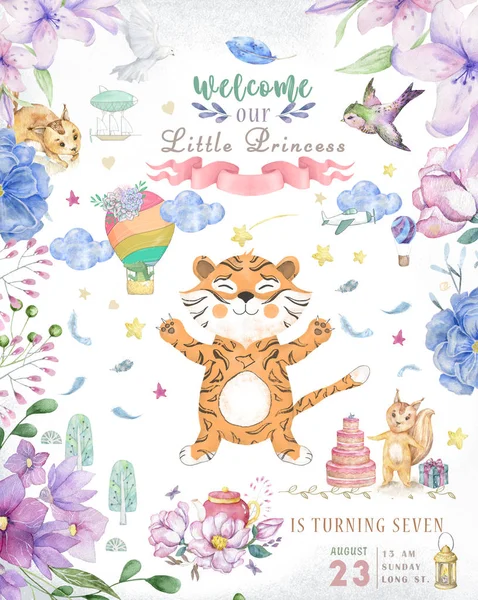 귀여운 호랑이 수채화 동물과 생일 카드입니다. 귀여운 아기 인사말 카드입니다. Boho 꽃과 꽃 꽃다발 생일 설정합니다. 흰색 바탕에 아기 클립 아트 인사말 수채화 — 스톡 사진